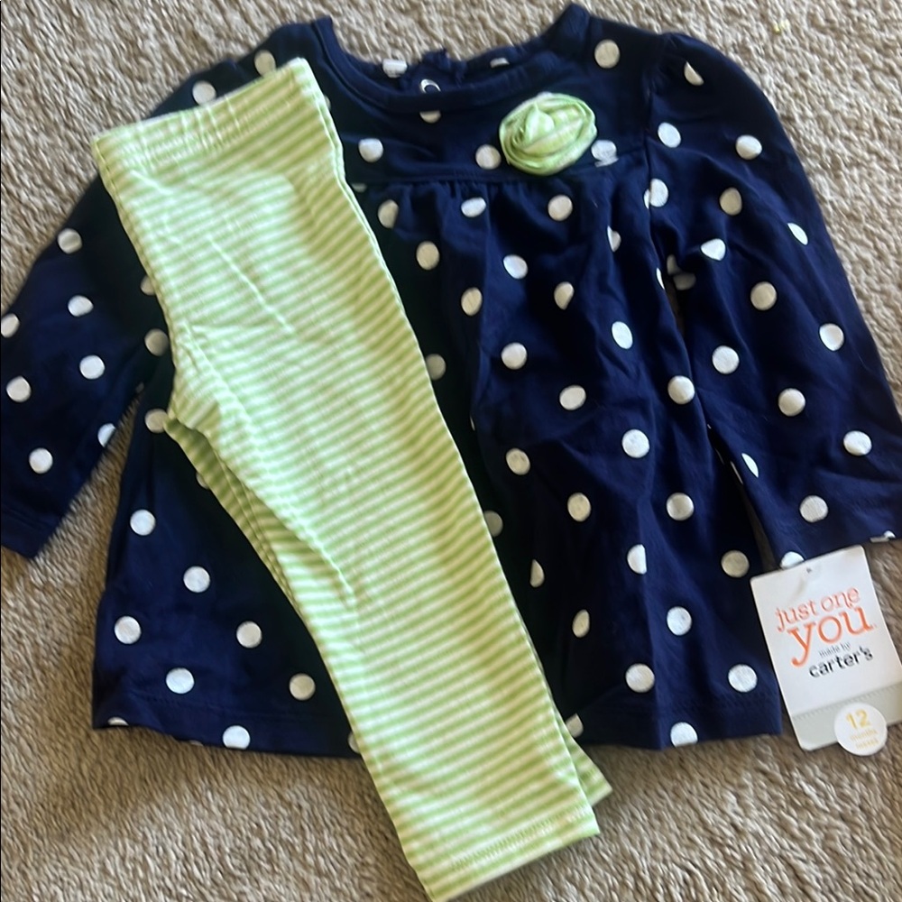 Carter's Navy Polka Dot Dress with Green Striped Leggings
